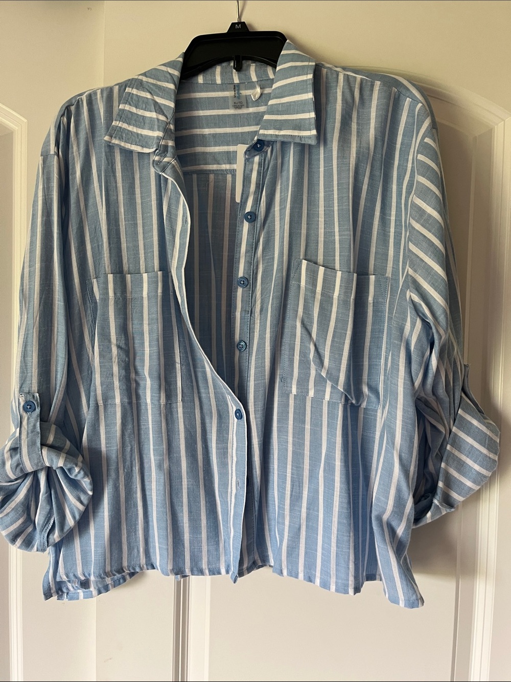 La Vie En Rose Blue and White Striped Casual Button-Down Shirt